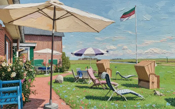Gemalter Garten mit Strandkorb, Sonnenschirm und Liegestühlen, dahinter die weite Hallig