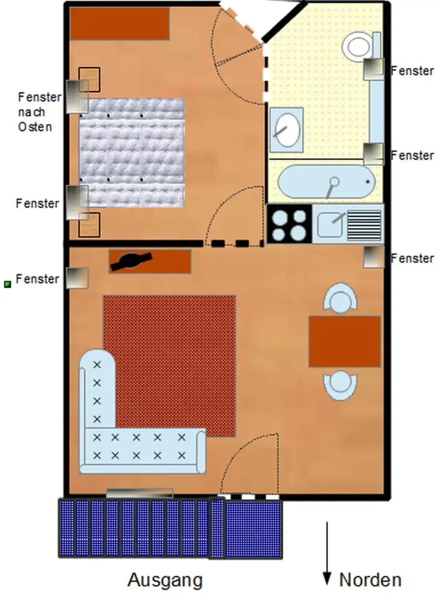 Grundriss der Ferienwohnung Liev mit Schlafzimmer, Wohnzimmer mit Küchenzeile und Bad mit Badewanne