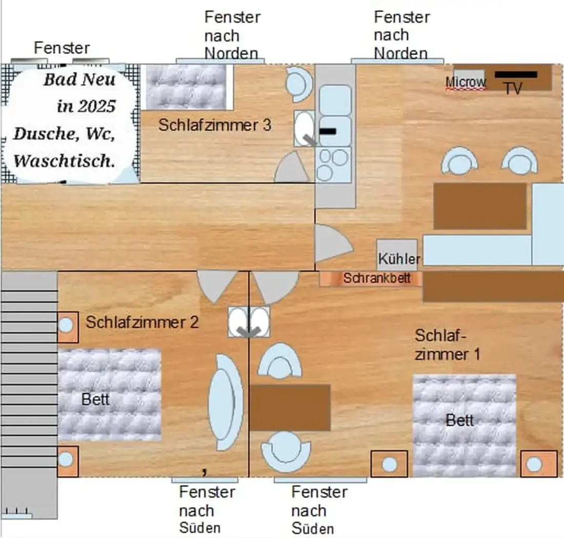 Grundriss der Ferienwohnung Rebell mit drei Schlafzimmern, Wohnküche und Bad