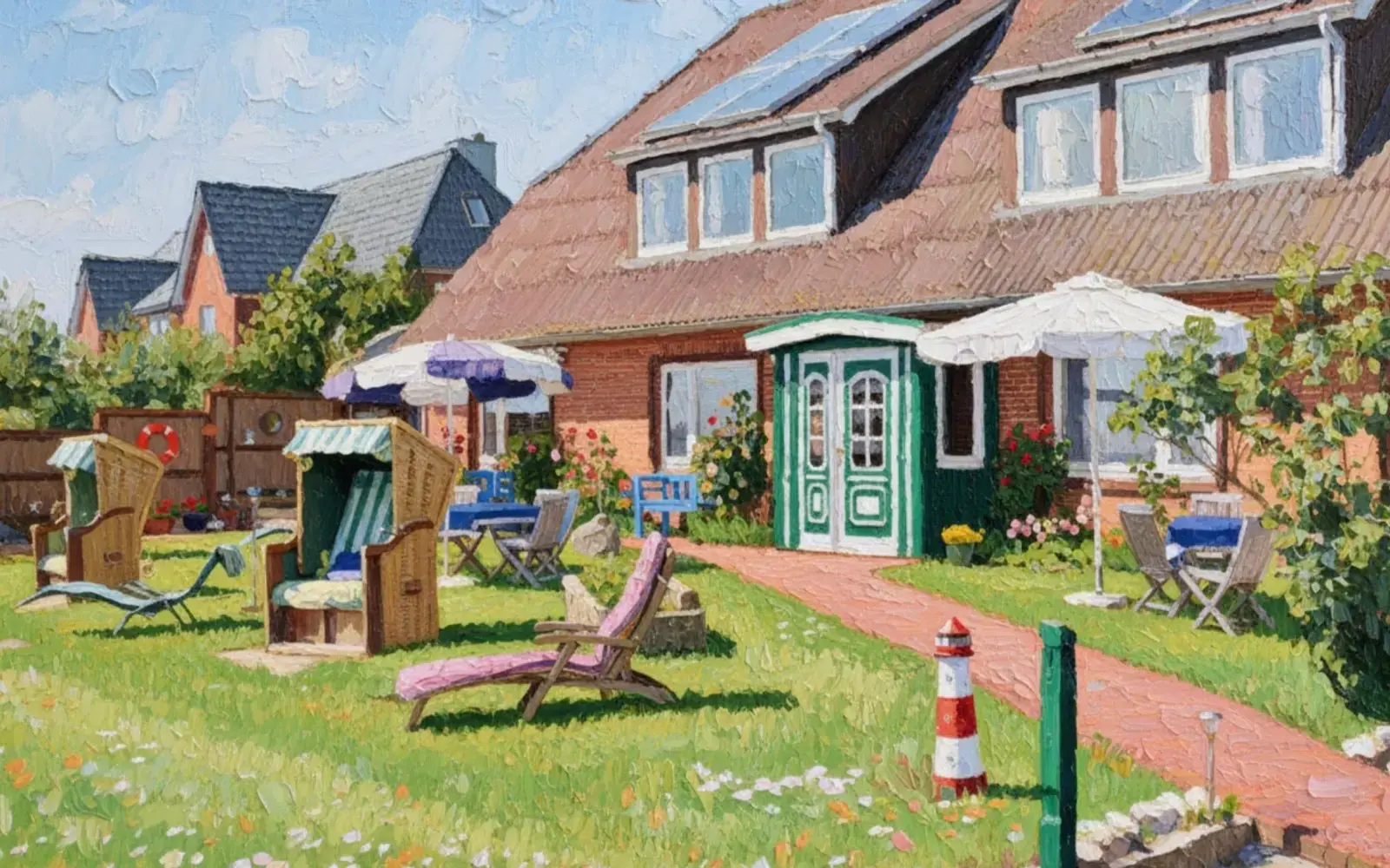 Gemalte Ansicht von Haus Helgoland mit Garten, Strandkörben und kleinem Leuchtturm