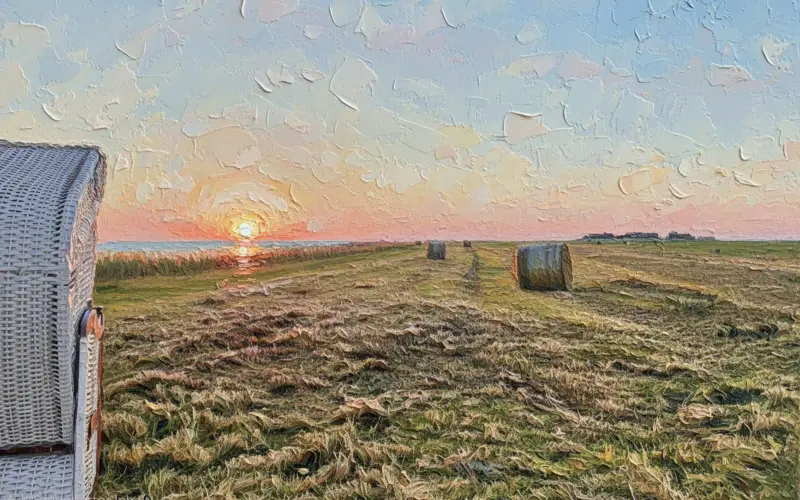 Gemalte Salzwiese mit Heuballen und Strandkorb am Abend