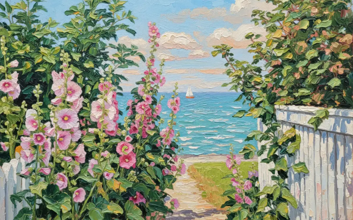 Gemalter Blick durch Stockrosen am Gartenzaun auf die Nordsee