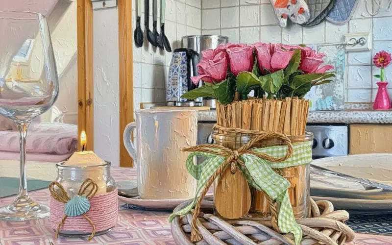 Gemalte Tischdekoration mit Rosen in der Küche