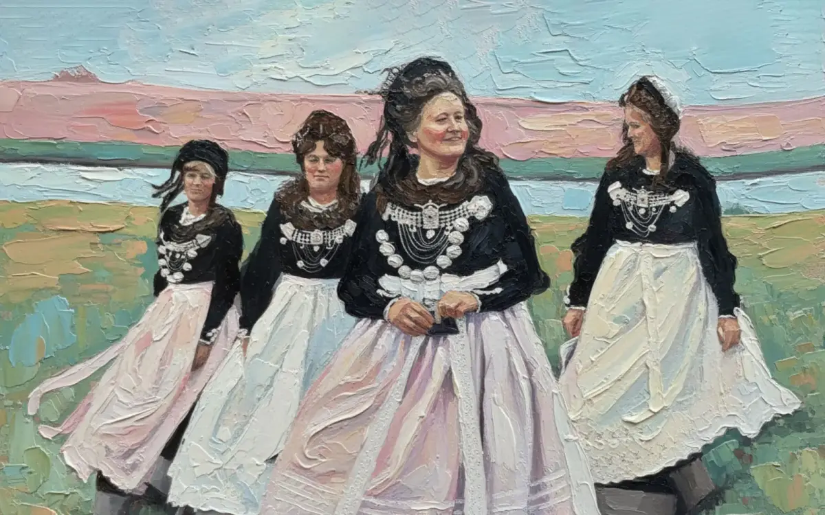 Gemalte Frauen in Hooger Tracht auf der Hallig